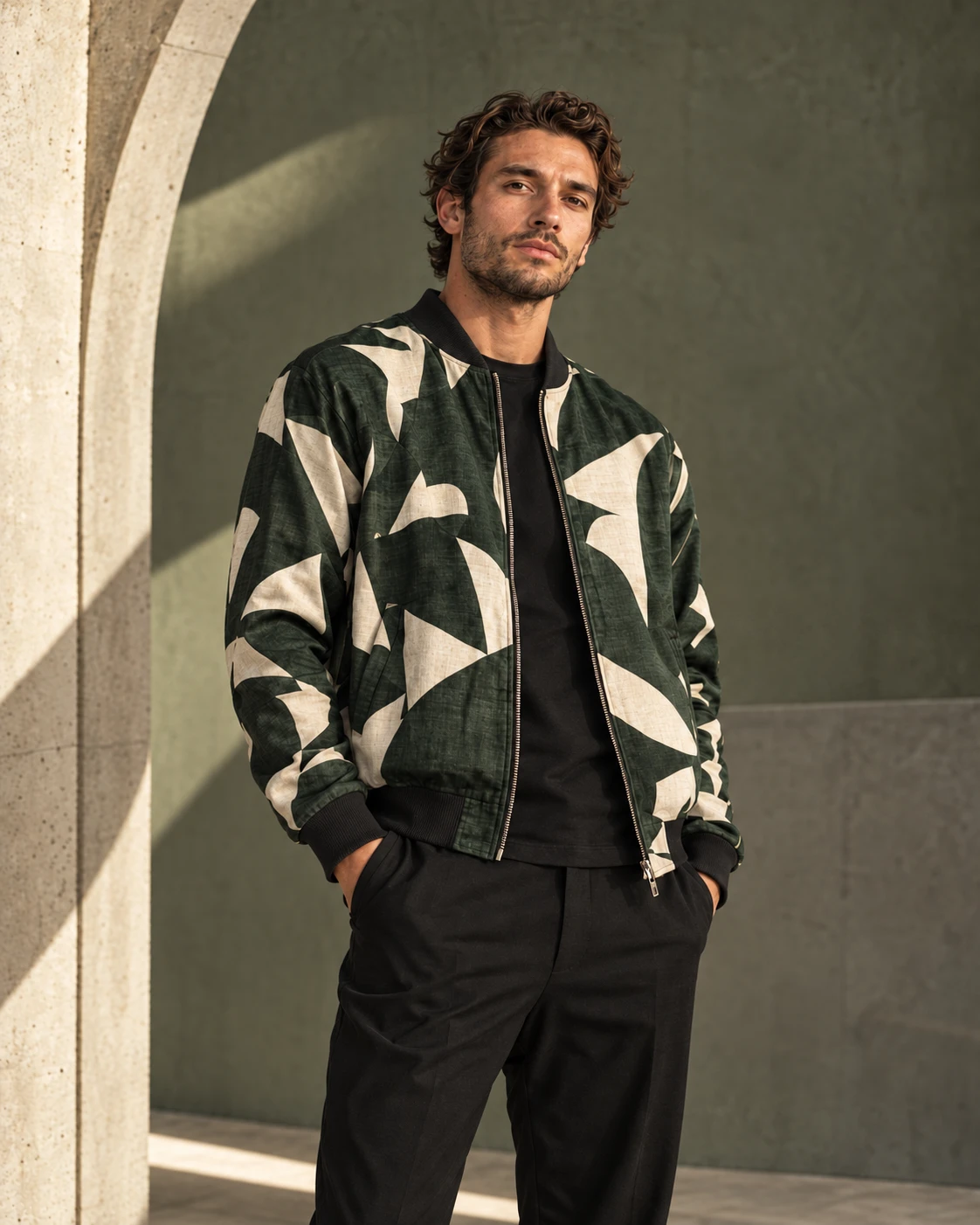 Men Olive Bomber Jacket — front view